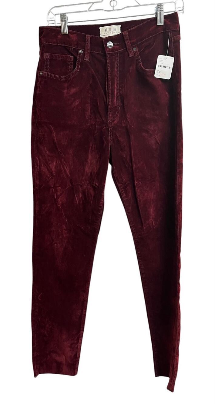We The Free Stella Velvet Skinny Pants Red Hue Raw Hem Button Fly 29